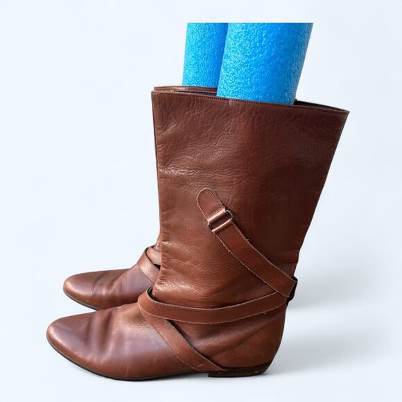 Vintage 80s Vaneli Slouchy Belted Slouchy Boots Brown Leather Women's 7.5 Boho - Picture 3 of 13